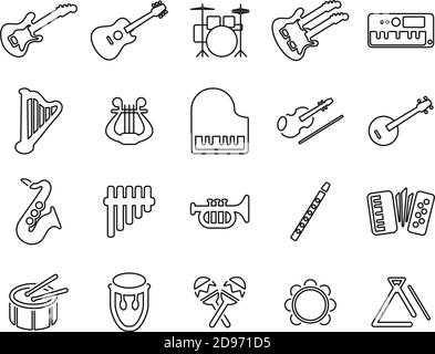 Musical Instruments Icons Black & White Thin Line Set Big Stock Vector