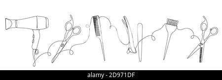 Hairdresser details in linear style on white. Stock Vector