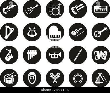 Musical Instruments Icons White On Black Flat Design Circle Set Big Stock Vector