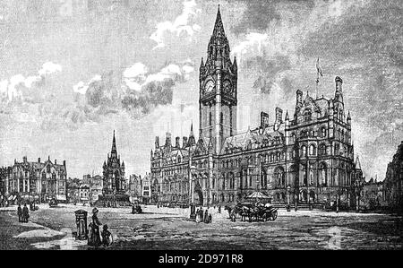 Manchester Town Hall, designed by  designed by Francis Goodwin and constructed between 1822 and 1825, much of it by David Bellhouse, in Albert Square is regarded as one of the finest examples of Neo-Gothic architecture in the United Kingdom. Stock Photo