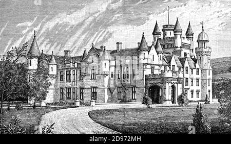 A late 19th Century view of Balmoral Castle, a large estate house of Scottish baronial architecture, in Royal Deeside, Aberdeenshire, Scotland. It has been one of the residences of the British royal family since 1852, when the estate and its original castle were bought from the Farquason family by Prince Albert, the husband of Queen Victoria. When the house was found to be too small, the current Balmoral Castle was commissioned; the architect was William Smith of Aberdeen and his designs were amended by Prince Albert. Stock Photo