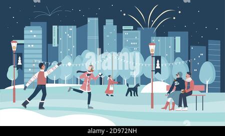 Christmas celebration in winter city vector illustration. Cartoon people celebrate festive xmas season, man woman characters play snowballs, sit on bench with hot cacao mug, walk with dog background Stock Vector