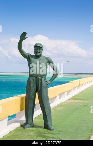 Cuba, Ciego de Avila Province, Jardines del Rey, Ernest Hemingway statue on causeway linking Cayo Coco to Cayo Guillermo