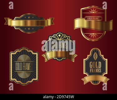 bundle of five elegant golden frames vector illustration design Stock Vector