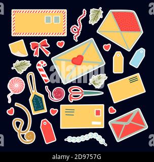 Mail and delivery. Letters and envelopes. Holiday letters. Stickers mail theme.Vector illustration. Stock Vector