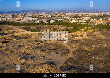 Aerial view of the Tomb of the Kings archaeological park, Paphos, Cyprus.
