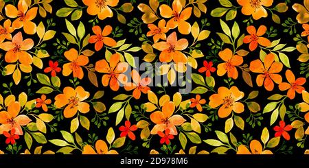 orange small flowers watercolor on black background, illustration for the design of textiles. Seamless pattern for textile Stock Photo