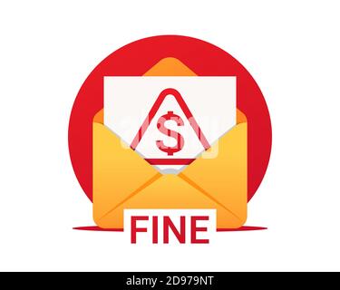 Fine by mail, vector icon. Envelope with a fine. Vector symbol of fine or penalty. Municipal tax or parking fee as penalty from authority Stock Vector