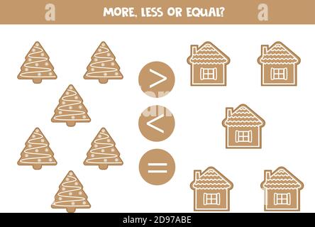 Math worksheet with gingerbread cookies. More or less. Stock Vector