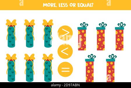 More, less, equal with Christmas gifts. Math game for children. Stock Vector