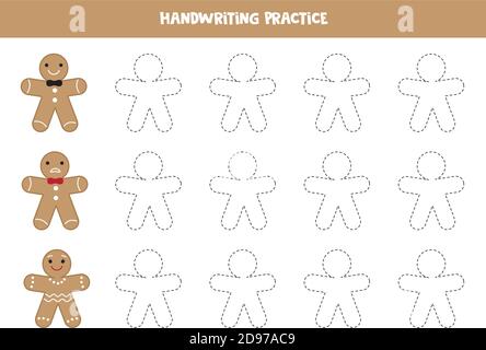 Writing practice worksheet for children. Tracing gingerbread cookies men. Stock Vector