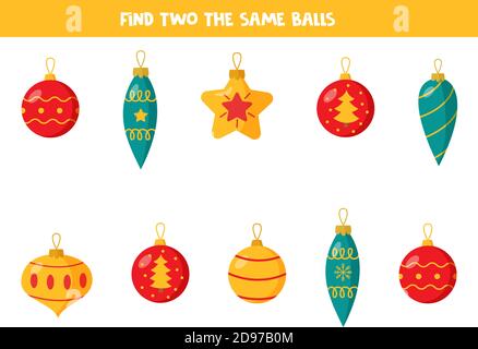 Find two identical Christmas balls. Logical game. Stock Vector