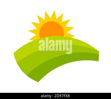 Sunset over green hill icon. Vector illustration. Stock Vector