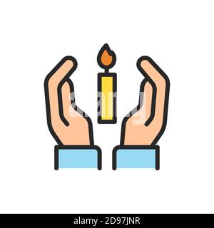 Hands holding condolence candle color line icon. Isolated vector element. Stock Vector