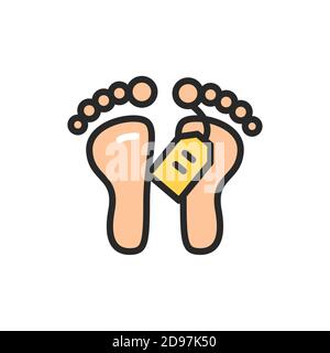Feet with tag color line icon. Isolated vector element. Stock Vector