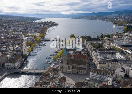 Aerial View, Drone Image of Zurich, Switzerland. Lake of Zurich Fraumuenster in the foreground. Stock Photo