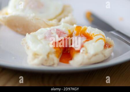 Poached eggs on test Stock Photo