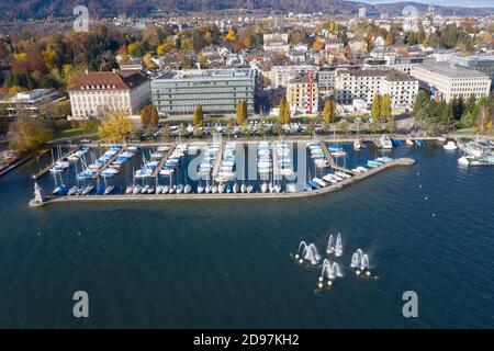 Aerial View, Drone Image of Zurich, Switzerland. Harbour, Sailing boats. Stock Photo