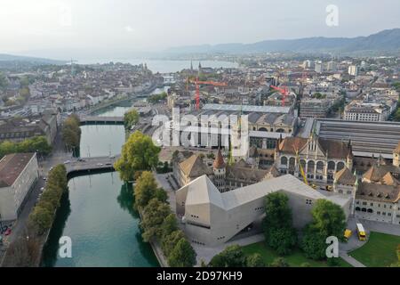 Aerial View, Drone Image of Zurich, Switzerland. Schweizerisches Nationalmuseum National museum of Switzerland, Limmat and Lake of Zurich. Stock Photo