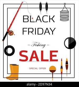 Advertising poster for black Friday. Shop that sells fishing products and gear. Banner for discounts and sales. A poster with an inscription and a special offer of the store. Online store with home delivery. Vector illustration. Stock Vector