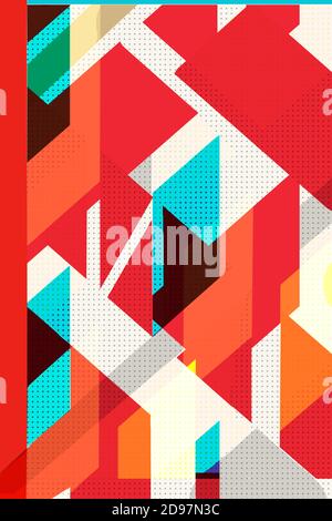 Colorful geometric Cover Swiss Modernism. cubes and triangles. Orange, turquoise blue and red texture. Abstract pattern Shapes Concept backgrounds for Stock Photo