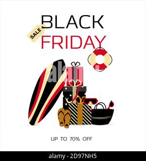 Advertising poster for black Friday. A store that sells products for the beach, surfing, diving, and scuba diving. Banner for discounts and sales. A poster with an inscription and a special offer of the store. Online store with home delivery. Vector illustration. Stock Vector
