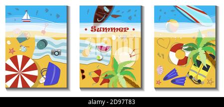 a set of three beach holiday illustrations. Flat vector, top view of the beach with the sea, umbrellas, sun beds, surfing and other summer accessories for sea adventures. Summer posters, for advertising, flyers, banners. Stock Vector