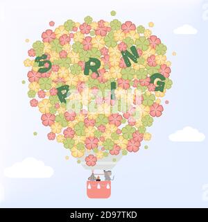 Floral spring gift for the international women s holiday on March 8. Purple balloon with flowers and cute mice in the basket Stock Vector
