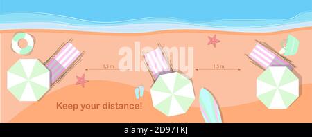 Top view of the beach with sun loungers at a distance to observe the quarantine distance on a pandemic. Flat vector illustration of a sandy beach and sea for recreation and vacation with an ad to observe the 1.5 meters distance between the sun beds. Beach holidays in quarantine, summer 2020. Stock Vector