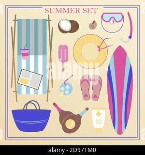 A set of flat beach summer items. Accessories for beach holidays by the sea. Swimsuit, diving cylinders, sunbed, camera and other icons for creating summer posters. Illustrations for ads, web, flyers, and banners. Stock Vector