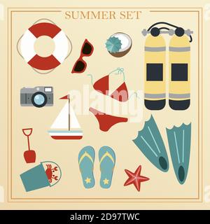 A set of flat beach summer items. Accessories for beach holidays by the sea. Swimsuit, diving cylinders, sunbed, camera and other icons for creating summer posters. Illustrations for ads, web, flyers, and banners. Stock Vector