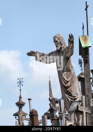 Wooden statue of Jesus Christ at the Hill of Crosses, an unique monument of history and religious folk art and most important Lithuanian Catholic pilg Stock Photo