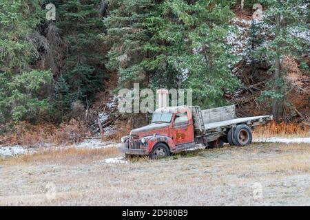 Old and abandoned flat bed truck Stock Photo