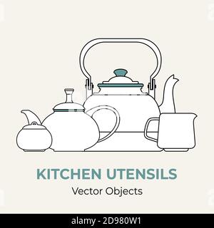 Kettle tea cup saucer sugar bowl simple form vector illustration. Line illustration isolated logo icon cafe menu banner Stock Vector