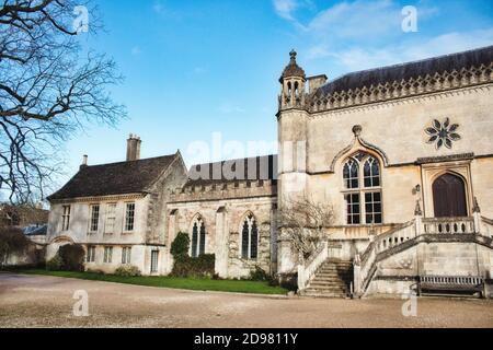 Lacock, England - March 01 2020: Exterior shot of the front main entrance of Lacock Abbey