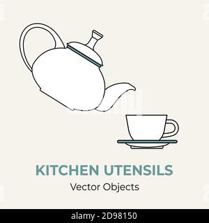 Tea cup pot saucer simple form vector illustration. Vector line illustration isolated logo icon cafe menu banner flayer Stock Vector