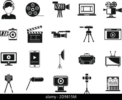 Broadcasting cameraman icons set, simple style Stock Vector