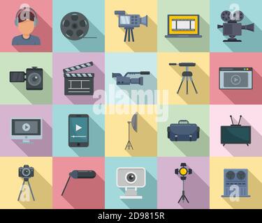 Cameraman icons set, flat style Stock Vector