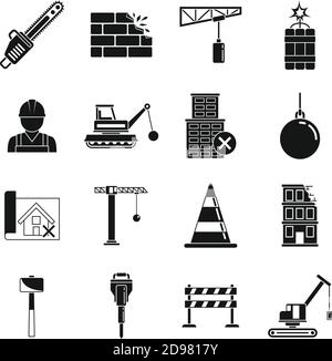 Heavy demolition work icons set, simple style Stock Vector