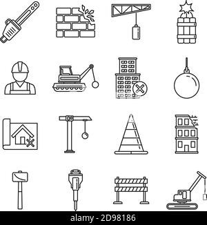 City demolition work icons set, outline style Stock Vector