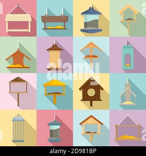 Bird feeders icons set, flat style Stock Vector