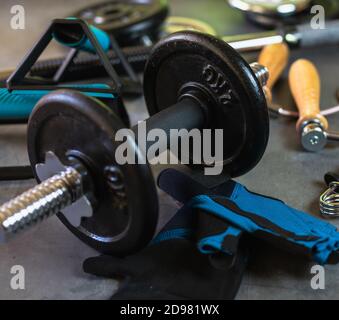 Items for training at the gym or at home. Dumbbells, Push up bars, weight plates of different sizes, jump rope, training gloves and hand grips. Stock Photo