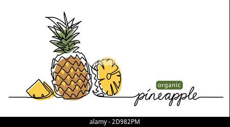 Pineapple simple vector illustration. One continuous line drawing art illustration with text organic pineapple Stock Vector