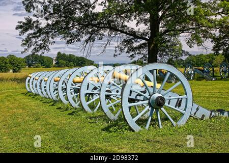 Revolutionary War cannons lined up, old weapons, antique guns, grassy field, Valley Forge National Historical Park, Pennsylvania, Valley Forge, PA, su Stock Photo