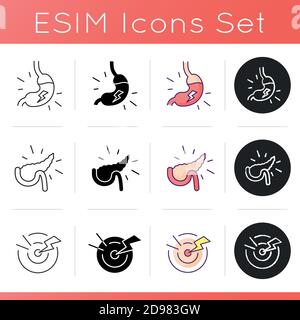 Pain in belly icons set Stock Vector