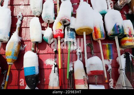 Lobster buoys on the side of the Barking Crab restaurant, Boston waterfront Stock Photo