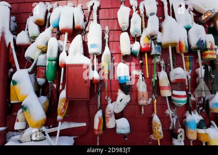 Lobster buoys on the side of the Barking Crab restaurant, Boston waterfront Stock Photo