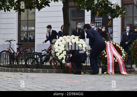Vienna, Austria. 03rd Nov, 2020. Terrorist attack in Vienna on October 2nd, 2020. The first district of Vienna is still cordoned off. So far there have been 4 dead and 15, some seriously injured. Picture shows the laying of the wreath for the victims of the terrorist attack. SPÖ chairman Pamela Rendi Wagner (R).