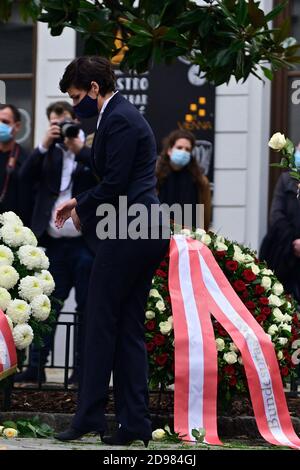 Vienna, Austria. 03rd Nov, 2020. Terrorist attack in Vienna on October 2nd, 2020. The first district of Vienna is still cordoned off. So far there have been 4 dead and 15, some seriously injured. Picture shows the laying of the wreath for the victims of the terrorist attack. SPÖ chairman Pamela Rendi Wagner.