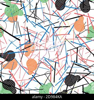 Vector abstract seamless pattern. Texture background, colored and black shapes, lines. Stock Vector